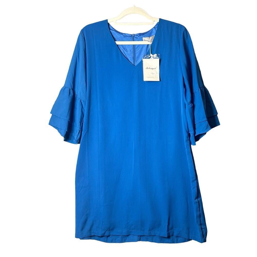 Belongsci Dress Womens L Blue V Neck Bell‎ Sleeve Shift Mini Career Event NEW